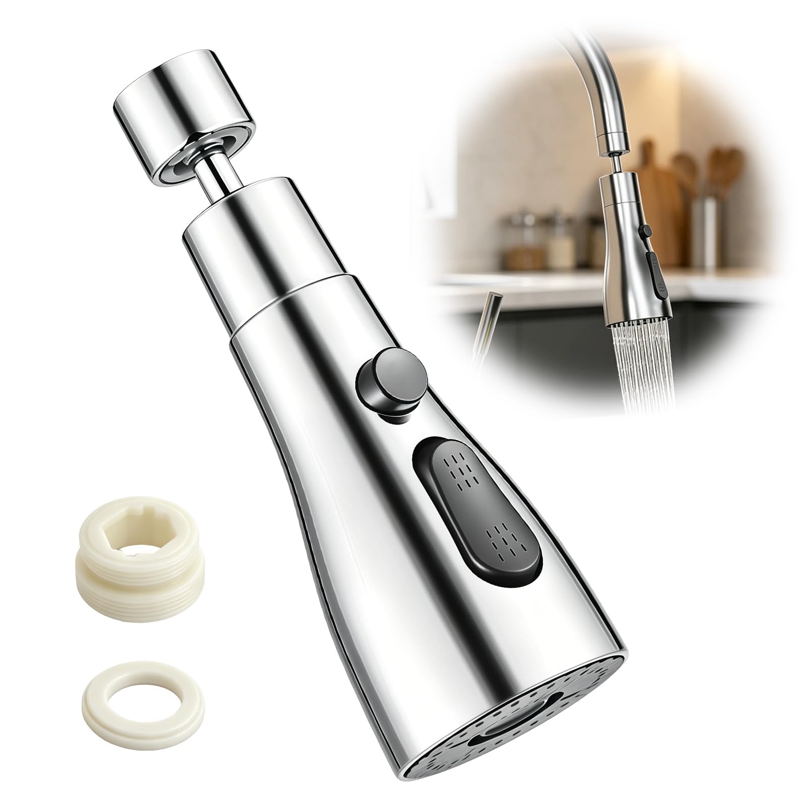Kitchen Tap Spray Head 3 Function, 360° Swivel Tap Extender, Universal Tap Adapter with Multi Spray Modes, Kitchen Faucet Spray Head Attachment Replacement Tap Head for Sink Use Silver