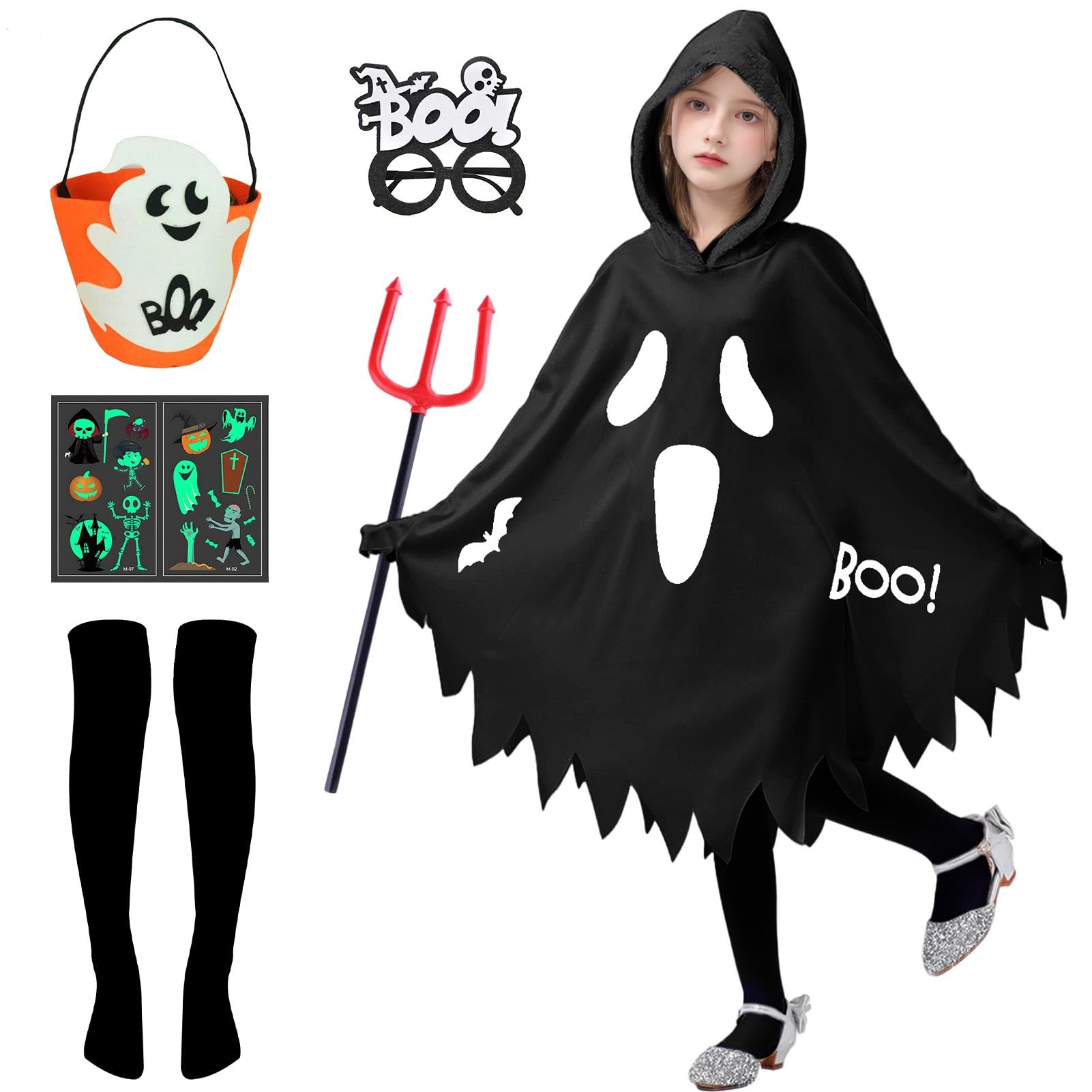 Angenster Ghost Costume Kids, Ghost Halloween Costumes Toddler Ghost Costume Black Smiling Ghost Outfit with Handbag Glasses Fork Stockings Tattoo, Scary Ghost Face Cape for Halloween (Black, 3-4Y)