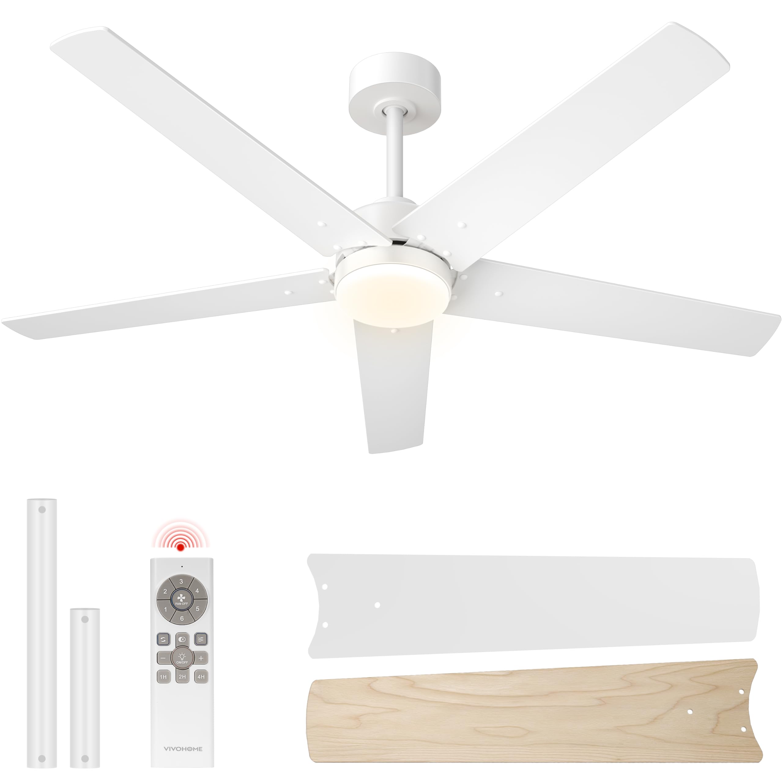 VIVOHOME ⌀132cm Ventilador de Techo con Luces | Mando a Distancia | 5 Aspas de dos colores | 7 Velocidades | Ultra Silencioso | Función Verano-Invierno | Temporizador | Luces LED con 3 Colores