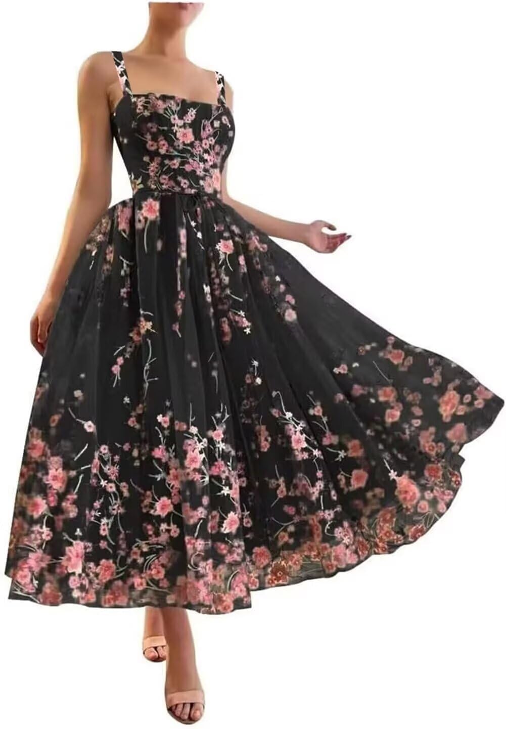 A-line Flower Tulle Prom Dress for Women, Square Neck Spaghetti Formal Evening Tea Length Party Gowns