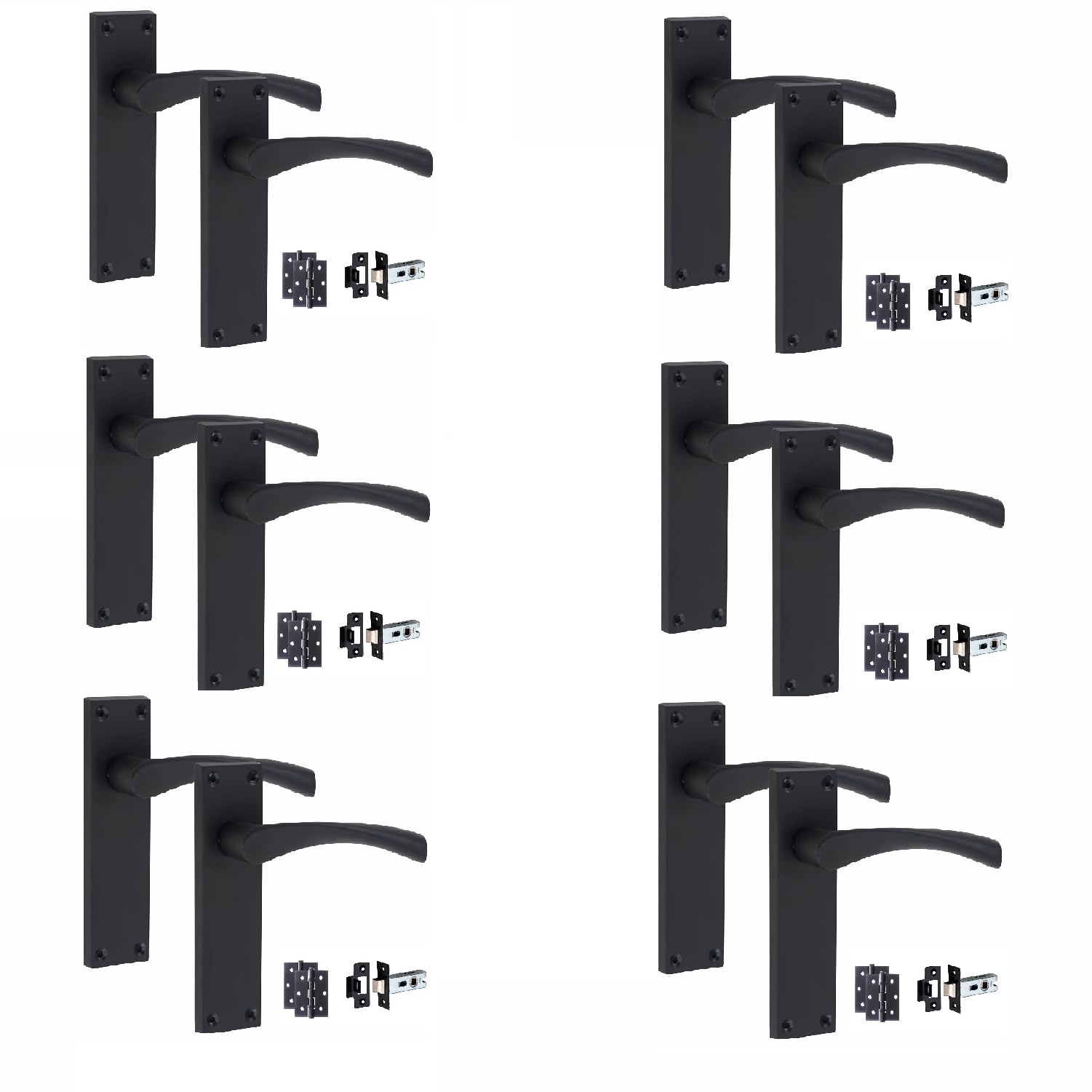Golden Grace Matt Black Victorian Scroll Astrid Door Handles Latch In With 1 Pair Of 3" Ball Bearing Hinges & Latches Pack, 6 Sets - 150Mm X 40Mm Backplate