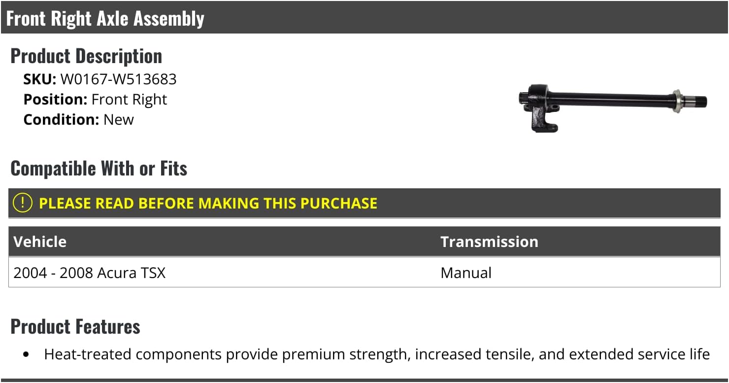 Front Right Passenger Side Intermediate Shaft Axle Assembly - Compatible with 2004-2008 Acura TSX (with Manual Transmission)