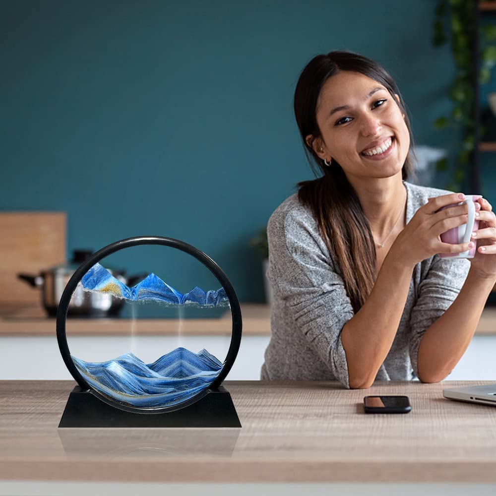 CBEX Moving Sand Art Picture Decor, 3D Deep Sea Sandscape Liquid Motion, Round Glass Frame Display Flowing Sand Relaxing Gift for Kids Adults Home Office Work Desktop Decoration-Blue