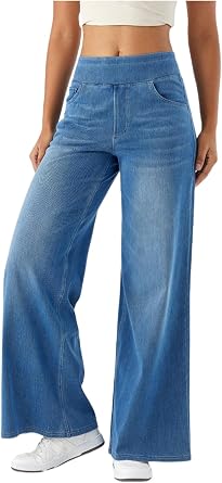 Women Wide Leg Jeans Elastic High Waisted Pull On Baggy Denim Pants with Pocket