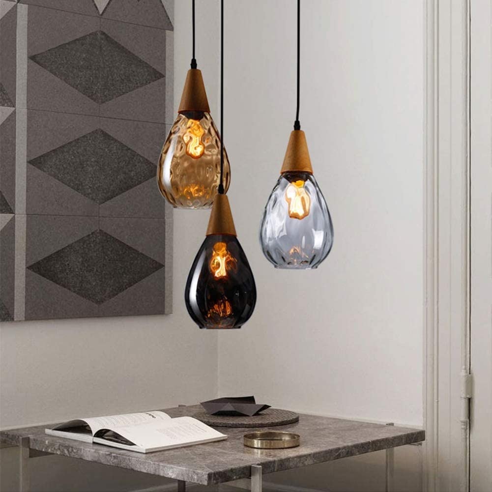 Suspension créative Goutte d'eau, Lampe Suspendue en Bois avec Abat-Jour en Verre en Forme de Larme, luminaire E27, Lustre de Salle à Manger, Lampes à Suspension industrielles rétro pour îlot