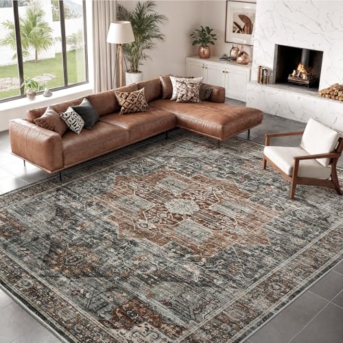 Roxstand 8x10 Area Rugs for Living Room, Vintage Washable Rug with Non-Slip Backing, Stain Resistant Large Area Rug for Dining Room, Soft Rugs for Bedroom (Grey/Brown/Tan, 8'x10')