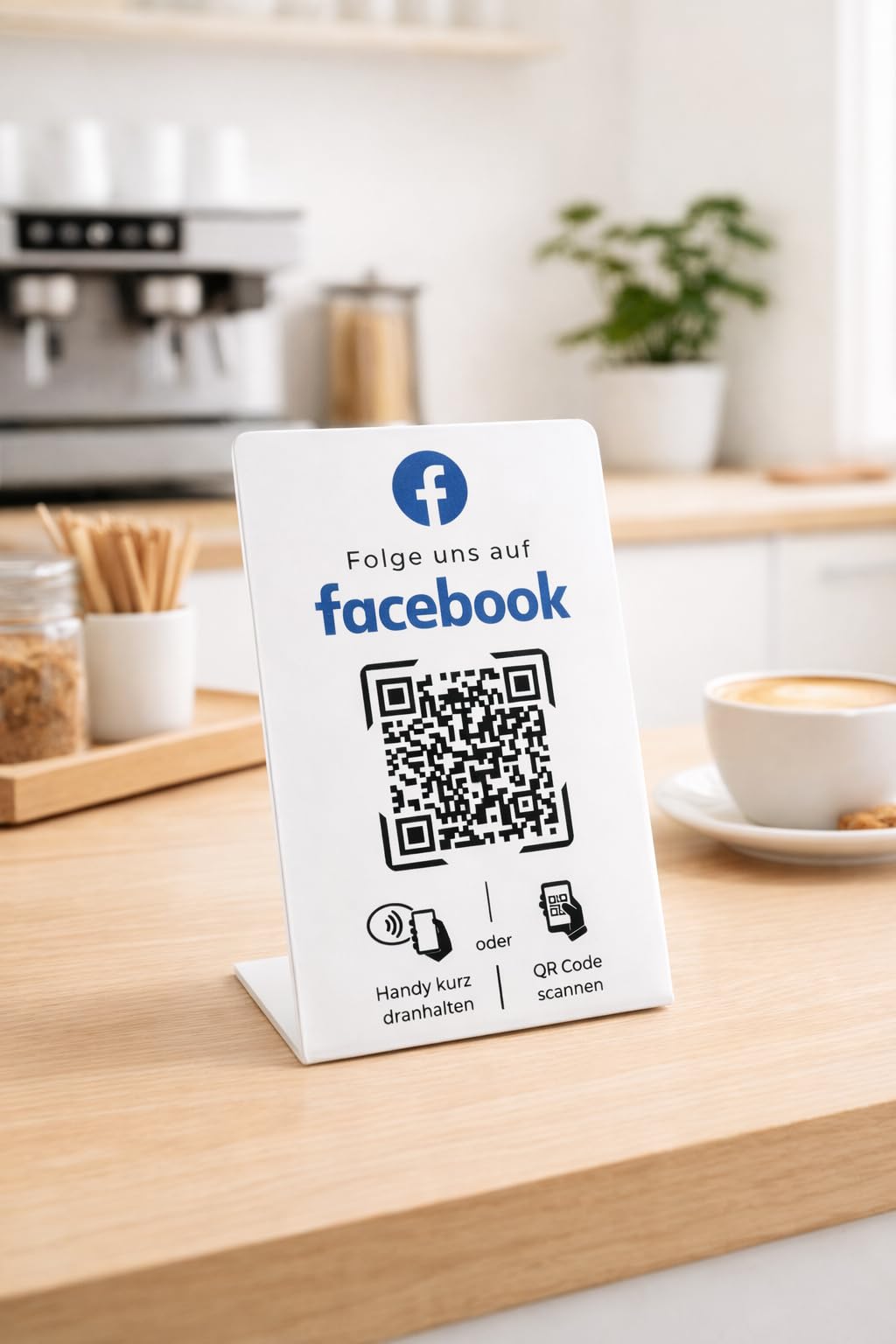 Aufsteller/Schild für Facebook mit QR-Code und NFC (16,5 x 10,5cm) - Deutsch