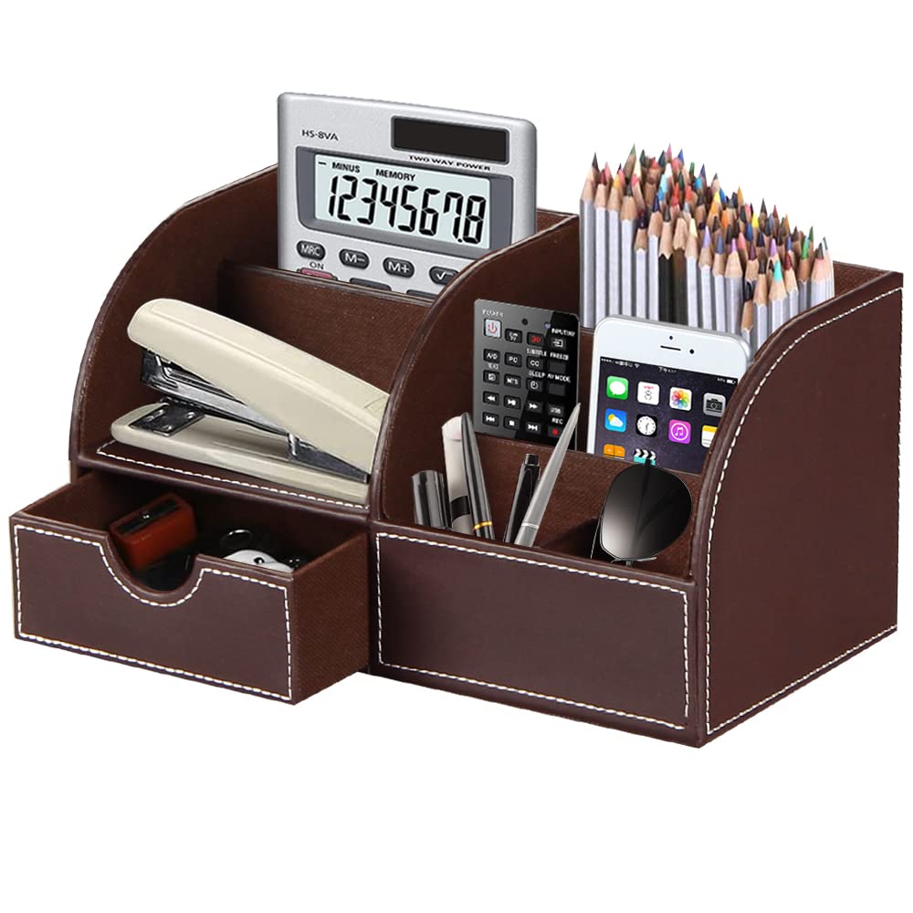 PUSU Büro Schreibtisch Organizer Leder, Multifunktions Schreibtisch Organisator mit Schublade,Stifthalter,Briefablage,Schreibwaren Set,für Visitenkarten, Stifte, Handy, Fernbedienung,Bürobedarf