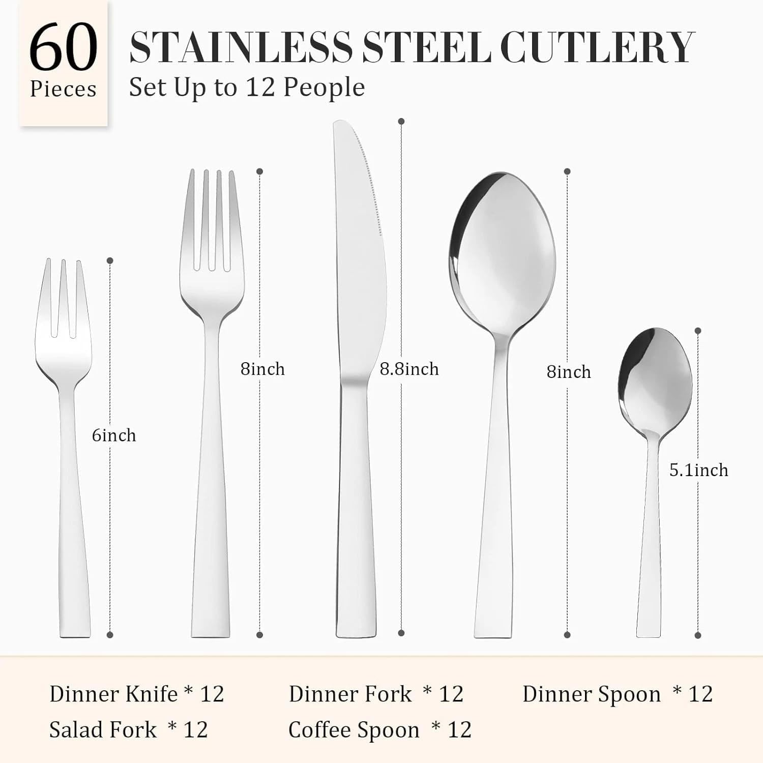 60-Piece Heavy Duty Mirror Polished Stainless Steel Flatware