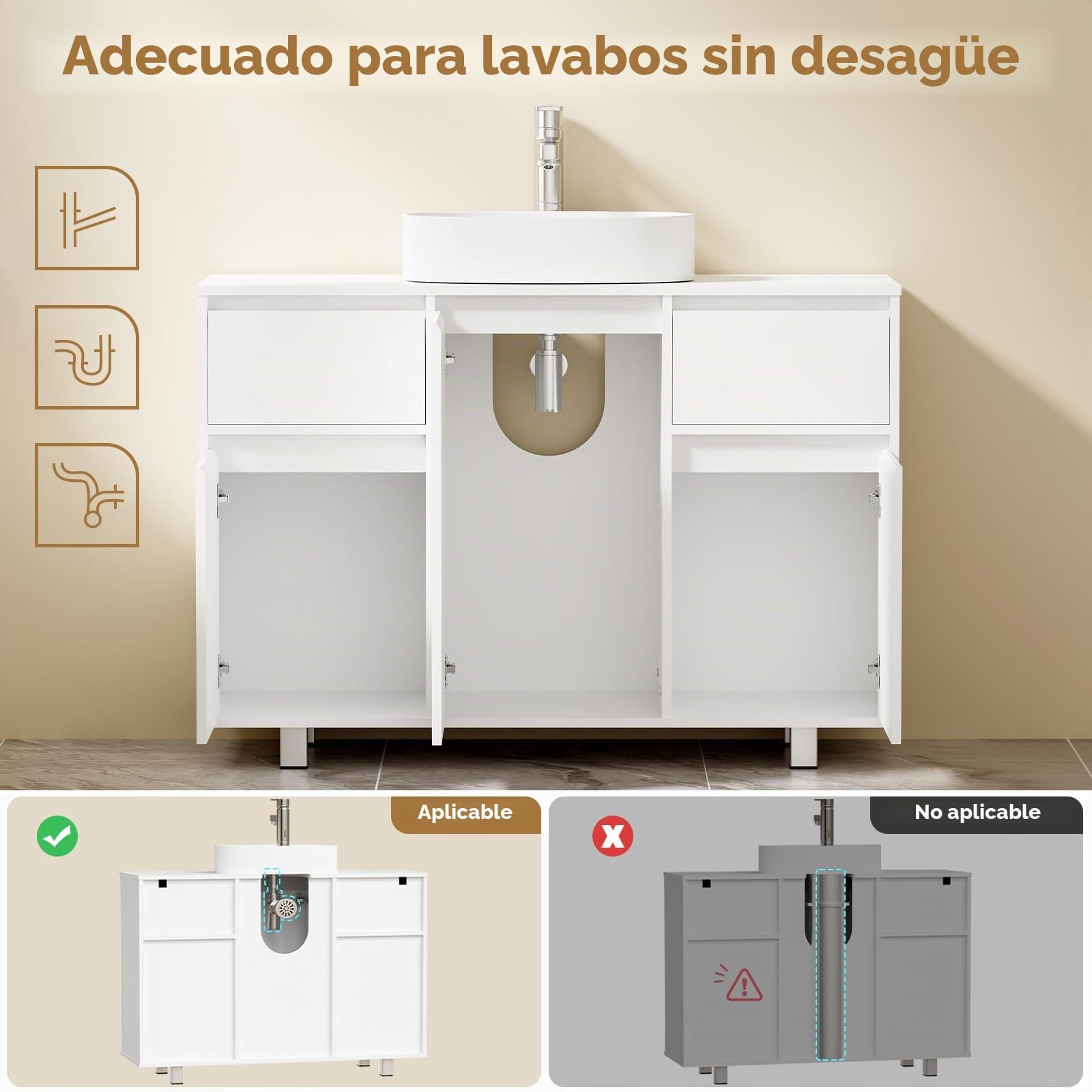BEWISHOME Mueble Bajo Lavabo de Baño con Pies, Armario de Baño | 90 x 30 x 62.5 cm, Mueble Bajo Fregadero 2 Cajones, 3 Puertas, Gran Capacidad de Almacenamiento, Blanco, EYSG01W