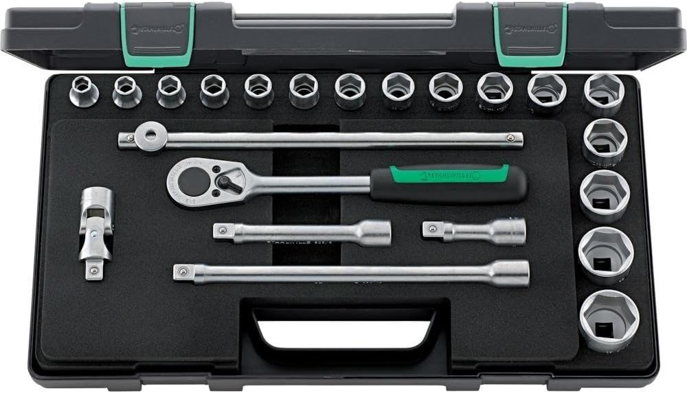 Stahlwille 96031448 1/2" Hex Socket Set, 10mm to 32mm, Includes Ratchet 22 Pieces, Stored in ABS Plastic Case, Ideal for Heavy-Duty Applications, Strong & Precise, Made in Germany