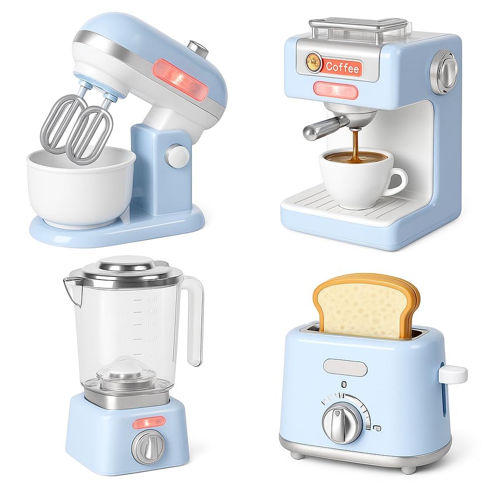 4-in-1 Kids Kitchen Appliances Toy Set – Pretend Play Coffee Machine with Water Flow Light & Sound, Pop-Up Toaster, Rotating Mixer & Blender – Battery Operated Role Play Cooking Set for Children