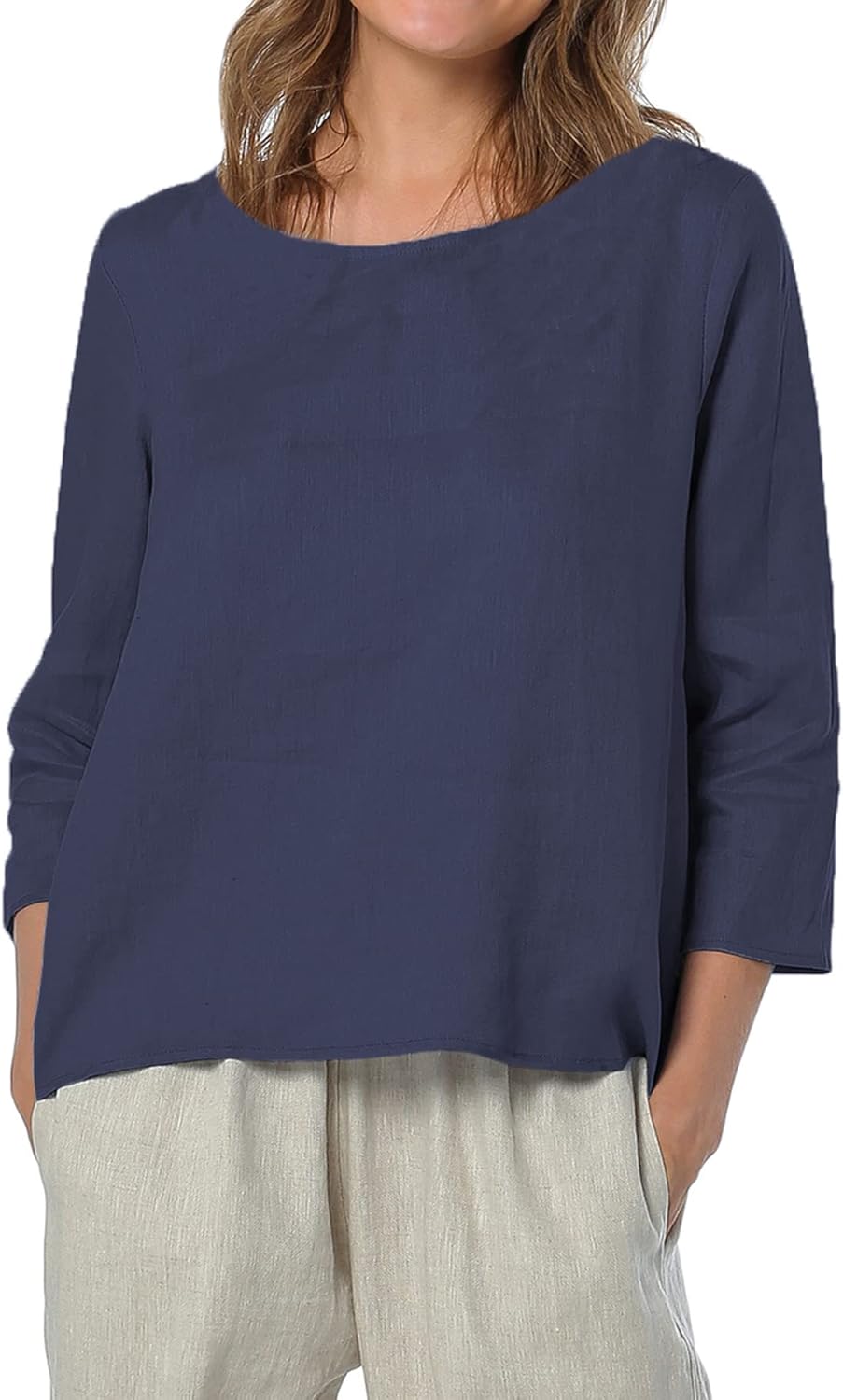 Amazhiyu Women's 100% Linen 3/4 Sleeve Blouse Crew Neck Loose Fit Summer Casual Tops