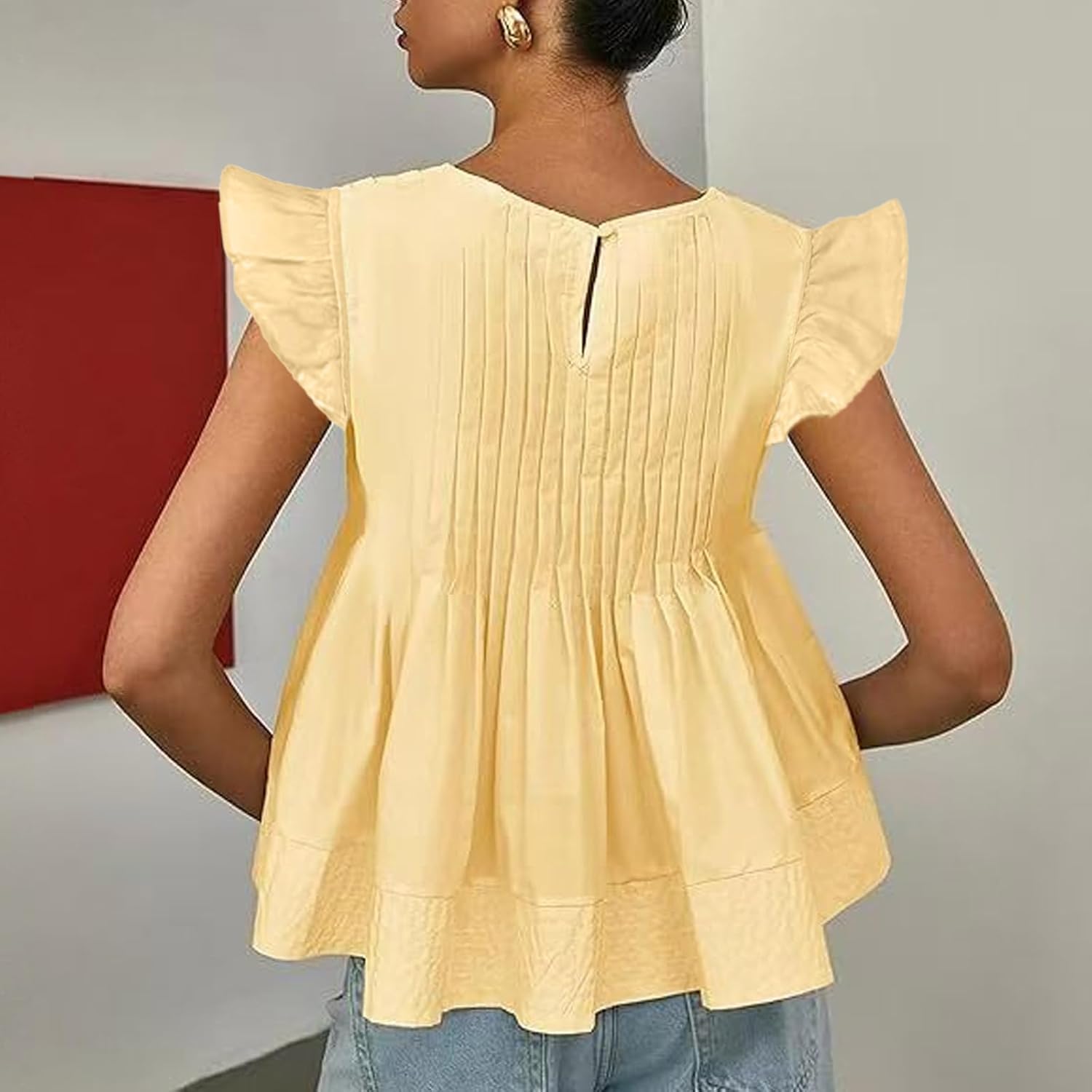 Women's Summer Blouse Ruffled Sleeves Pleated A Line Peplum Babydoll Shirt Top(Yellow,l) - Image 6