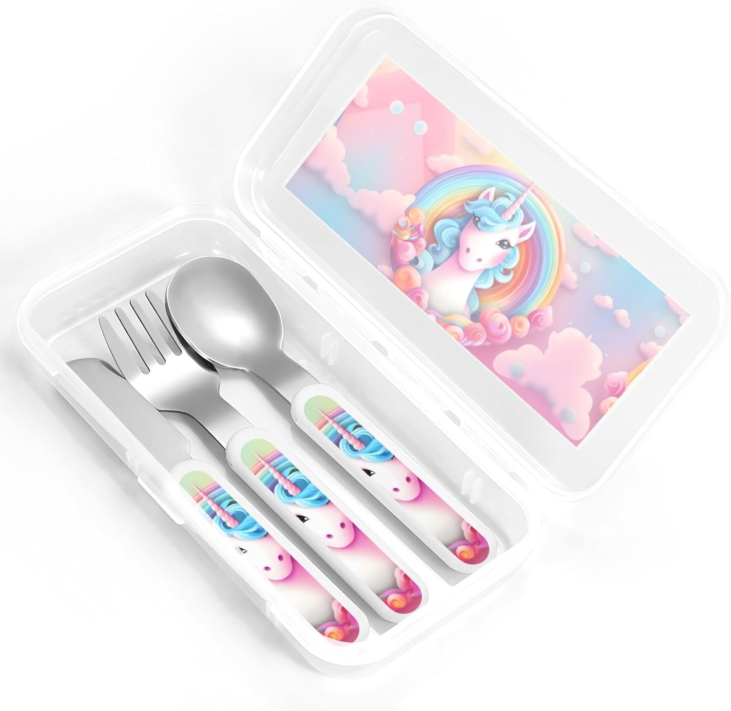 Rainbow Unicorn Children's cutlery, knife, fork and spoon 3-piece set, children's cutlery protection set, outdoor portable reusable cutlery.