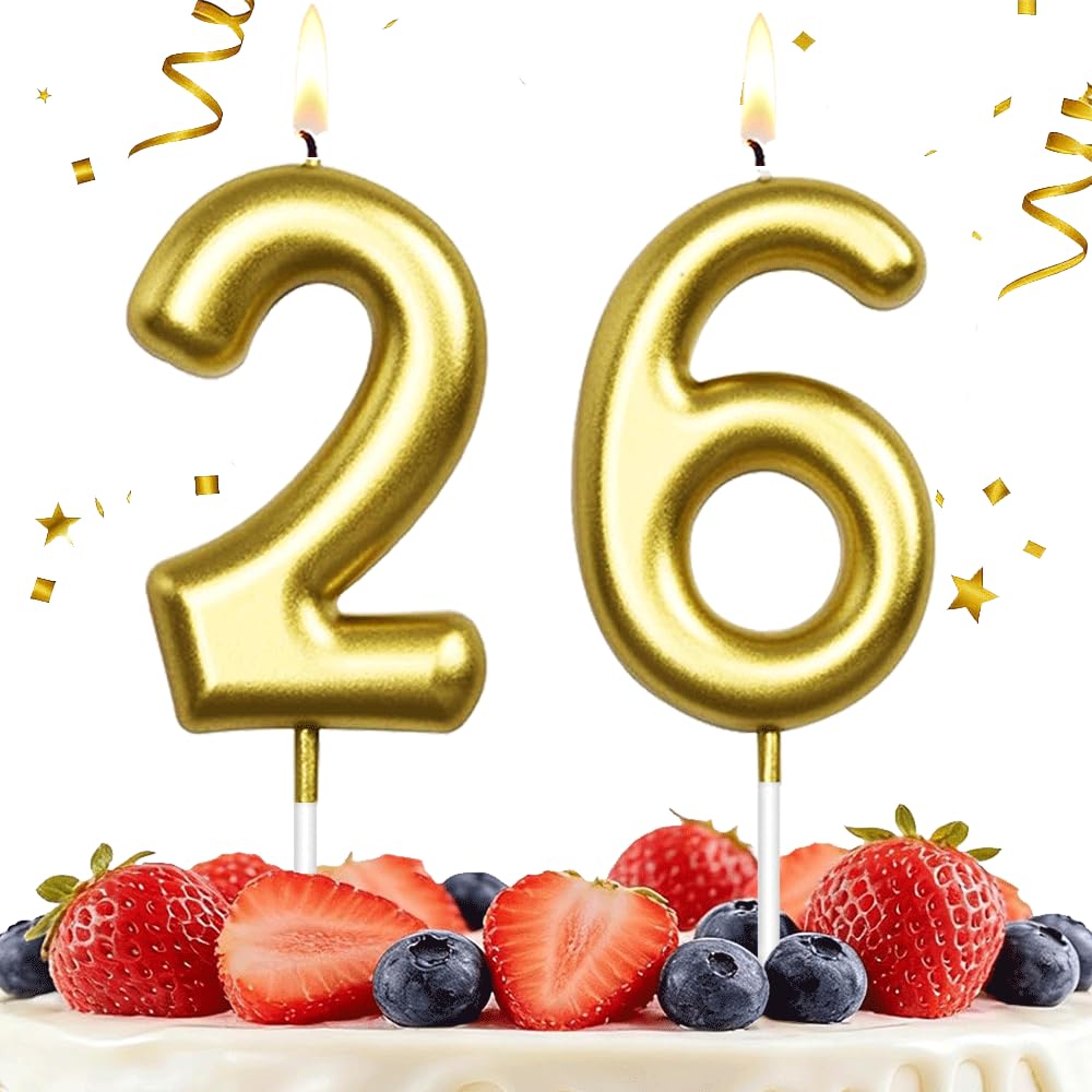 Hlwgfjdy Gold 26Th Birthday Candles Number 26 Cake Topper Happy Birthday Cake Decorations For 26Th Birthday Party, Candles For Birthday Anniversary Celebration Party Supplies（Large Size）