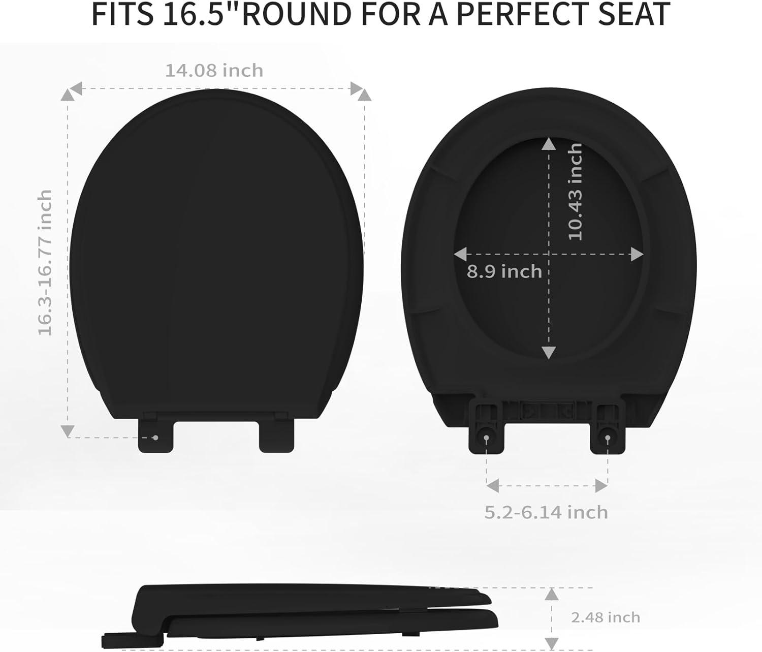 Black Round Toilet Seat,Soft Close,Easy Installation& Release, Easy to Clean,Fits for Standard Round with Premium PP Material Lid,B2B Available (16.5'', Black)