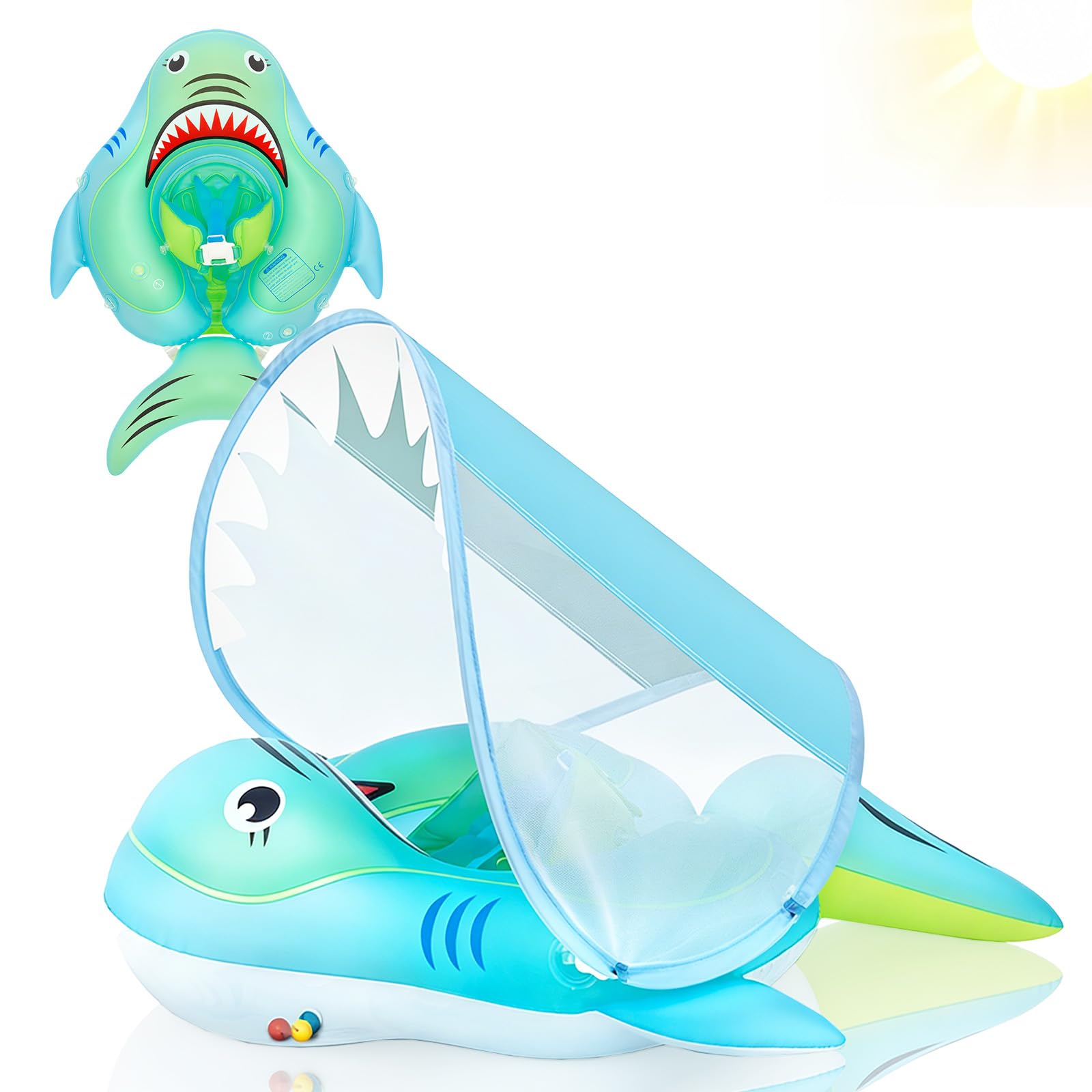 Newborn Baby Swimming Float with Canopy 0-6 Months Inflatable Baby Pool Float 6-12 Months,Blue Shark Baby Inflatable Seat Swimming Ring Water Floats Baby Swim Floats Ring for Toddlers Infant Babies
