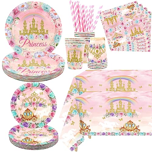 Décorations de fête d'anniversaire de princesse pour 20 invités, y compris assiettes à dîner, assiettes à dessert, tasses, serviettes, nappe, pailles,...