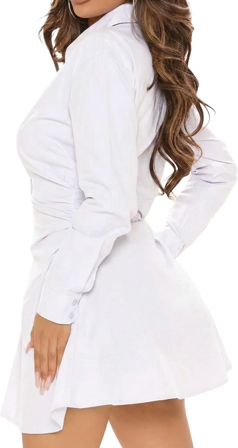 SUNNOW Women's Short Shirt Dress, Long Sleeve V-Neck Button Down Tunic with Ruched Waist, Casual Collared Mini Dress - Image 2