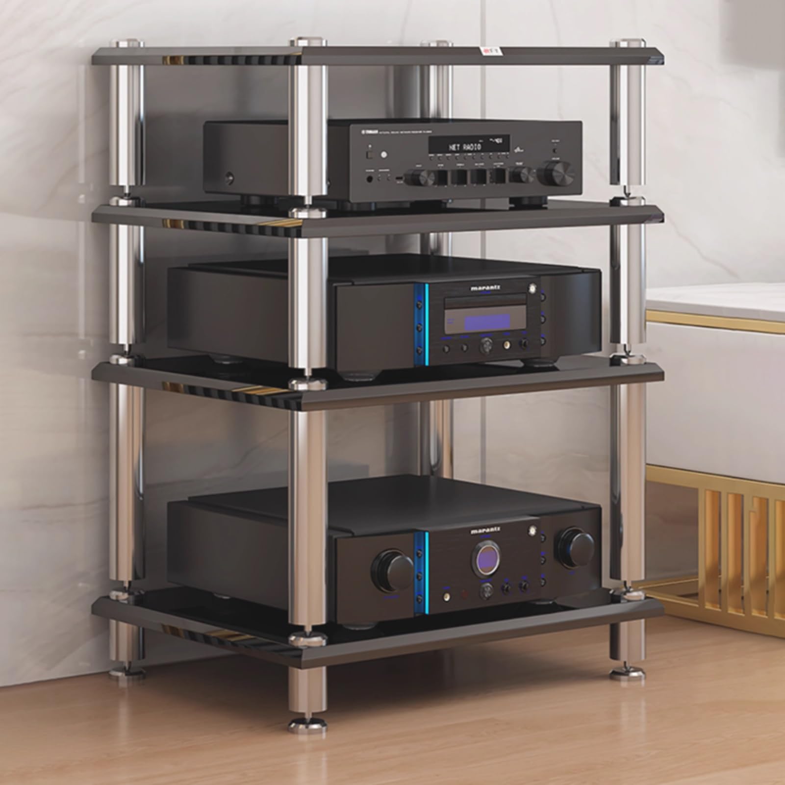 UrbanUp HiFi Shelf 1/2 / 3/4 Ripiani per Console da Gioco, Console Multimediale Multifunzione Nera per Attrezzatura AV, Organizzatore Moderno per Ripiani a Torre per Esposizione di Collezioni(2 Tier)