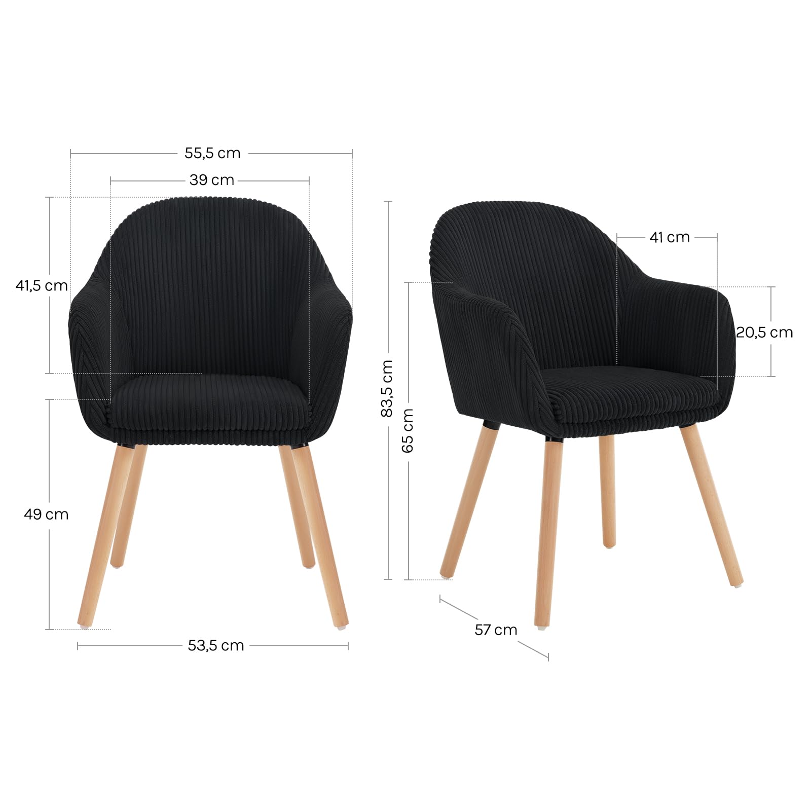 WOLTU Chaise de Salle à Manger avec Accoudoir, Chaise Rembourrée avec Pieds en Bois Massif, en Velours Côtelé, Noir, EZS26sz-1