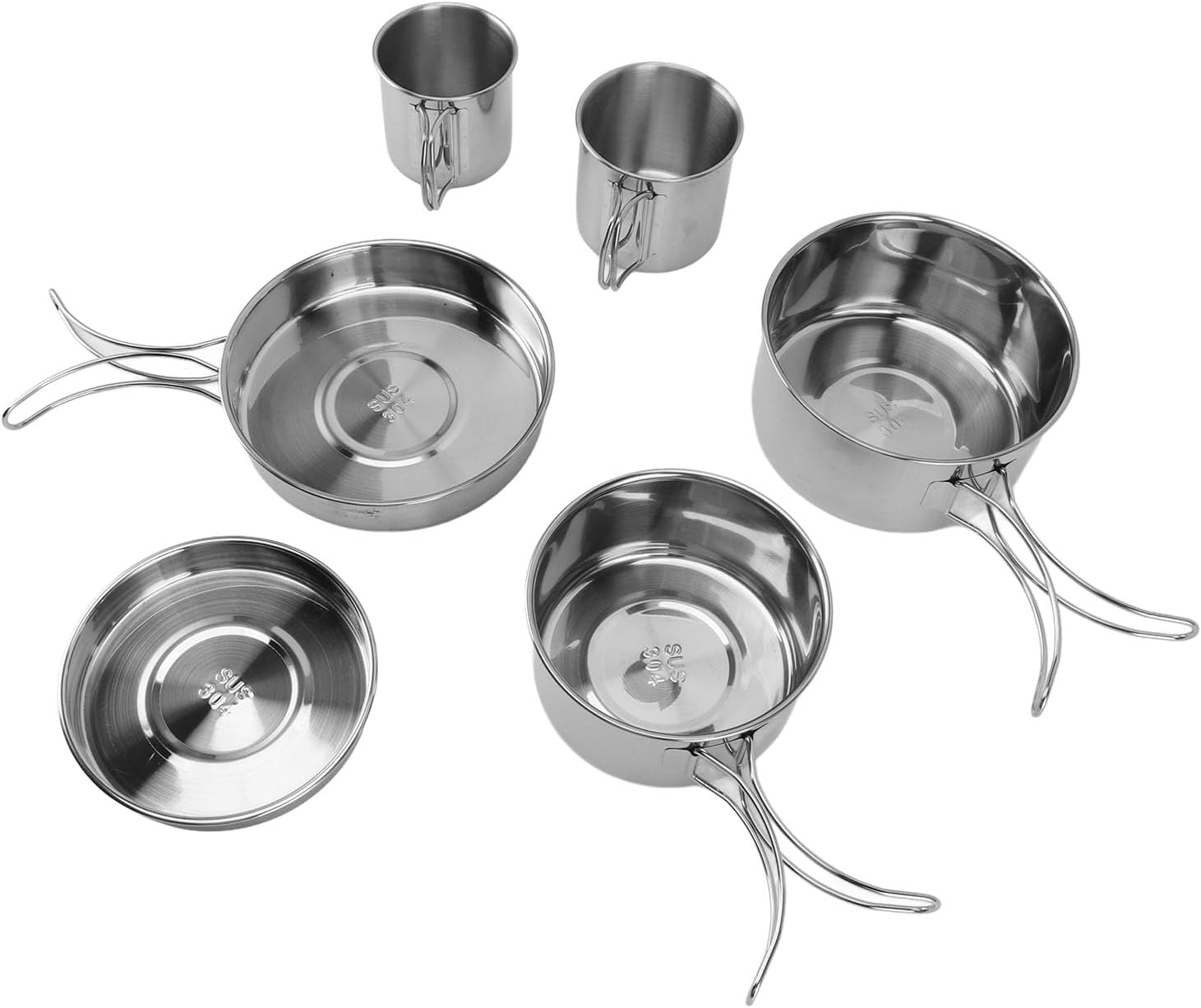 Portable Cookware Set 6PCS Stainless Steel Outdoor Camping Kitchenware Rapid Heating Easy to Clean Multifunctional Pan Pot Plate Tableware for Camping Hiking