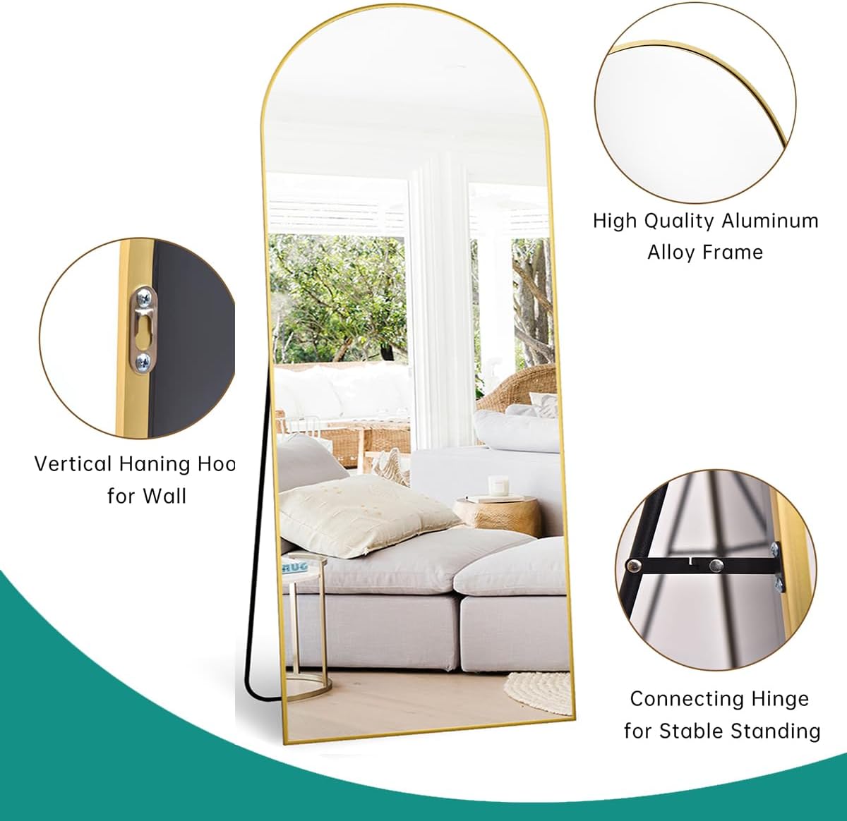 TinyTimes 71''x30'' Oversized Arched Full Length Mirror Large Full Body Floor Mirror with Stand for Hanging, Big Full Size Long Mirror with Aluminum Frame for Bedroom, Living Room (Gold) - Image 4