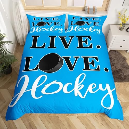 Loussiesd Ice Hockey Bettwäsche Set 135x200cm Blau Stars Hockey Betten Set Für Kinder Jungen Mädchen Ice Sports Spiels Bettbezug Set Atmungsaktiv Puck Hockey Winter Sports Zimmer Dekoration