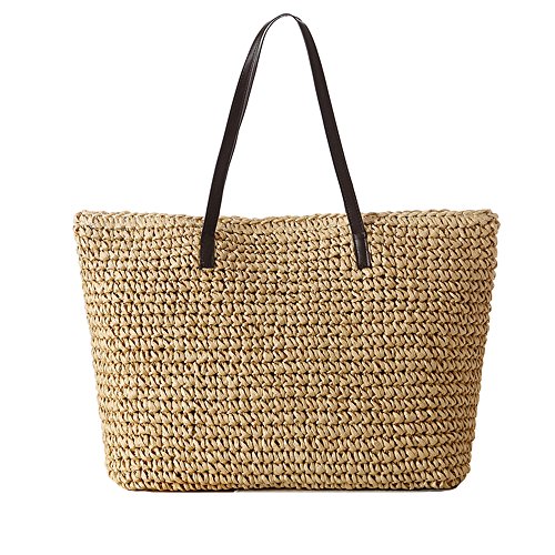 Women Straw Summer Beach Shoulder Bag Handbag Tote With PU