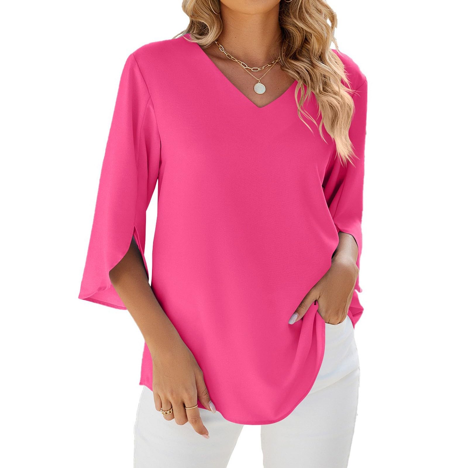 Tee Shirt Ete Femme Manches 3/4, Tunique Grande Taille Femme Col V,Haut Chic Et élégant Couleur Unie Tops Tendance Basiques Ourlet Asymétrique Chemise Léger Fluide Ample De Plage Quotidien Blouse
