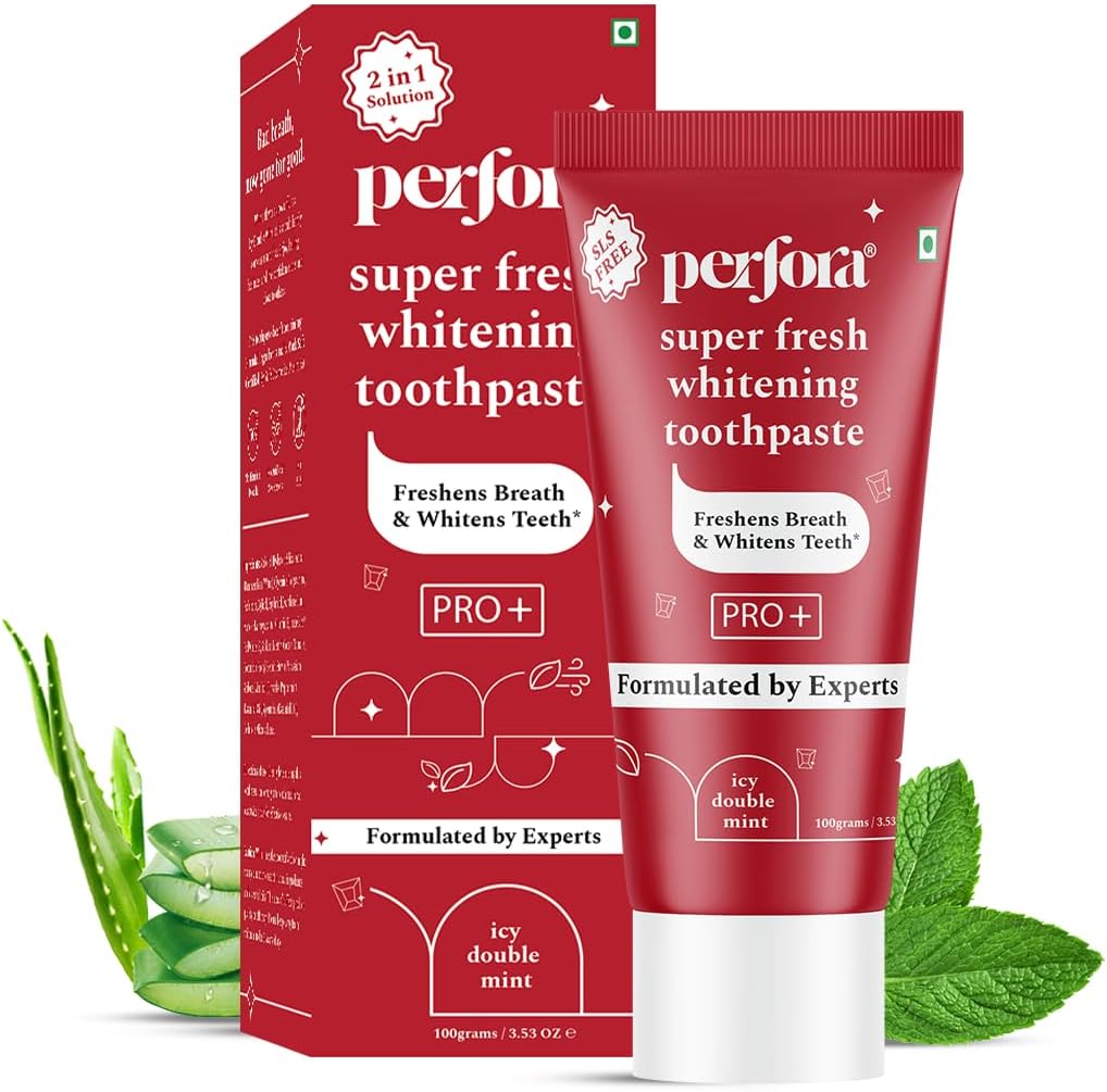 Perfora Super Fresh Toothpaste -100g, With Cooling Crystals | Helps Prevent Bad Breath | SLS Free Toothpaste For Adults | Enamel Safe Teeth Whitening Tooth paste | Formulated With ImerCare Perl White