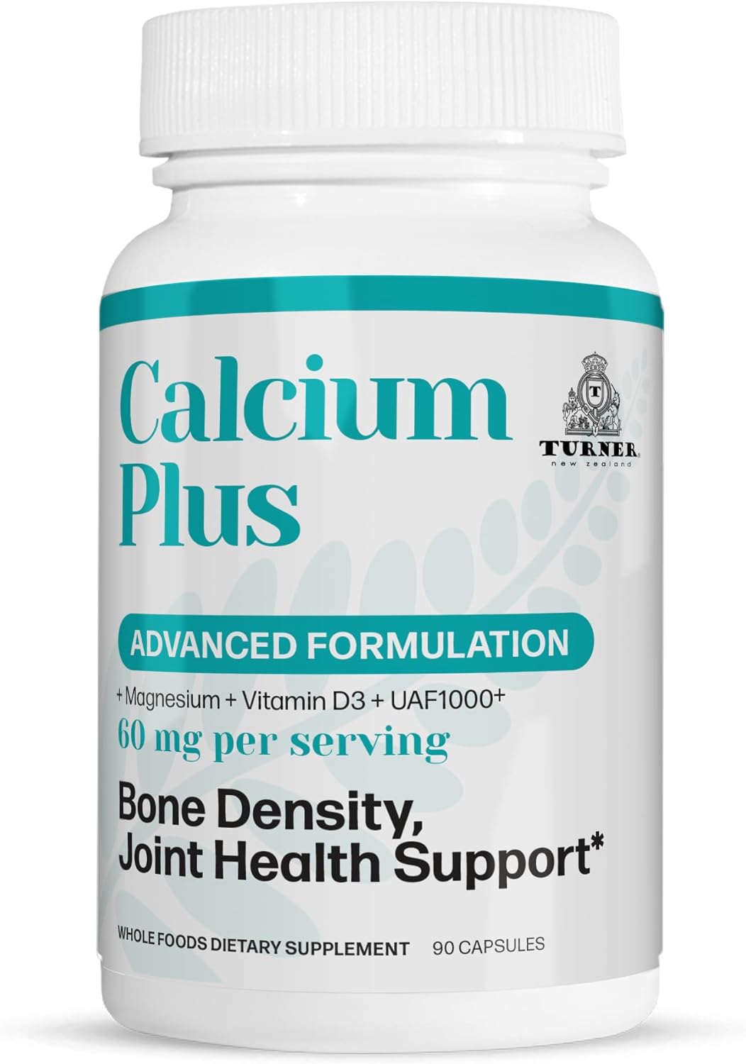 TURNER Calcium Plus, All-Natural Marine Calcium Supplement, with Magnesium + Vitamins K2 & D3, Supports Bone Density & Joint Health, 1 Bottle, 90 Capsules