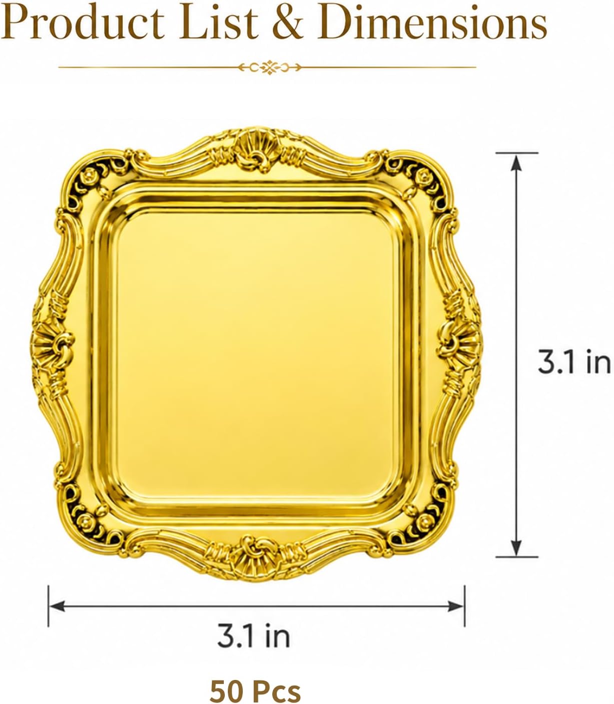 50 Pcs Mini Elegant Plastic Serving Trays, 3.1 x 3.1 in Square Gold Serving Trays with Baroque Edge, Small Cake Candy Plates and Mini Dessert Plates for Weddings, Parties, Jewelry Display, Buffet