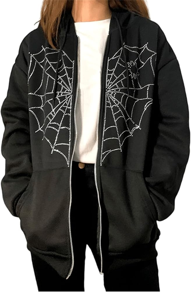Aobiono Women Men Y2K Zip Up Oversized Hoodie Gothic Spider Web