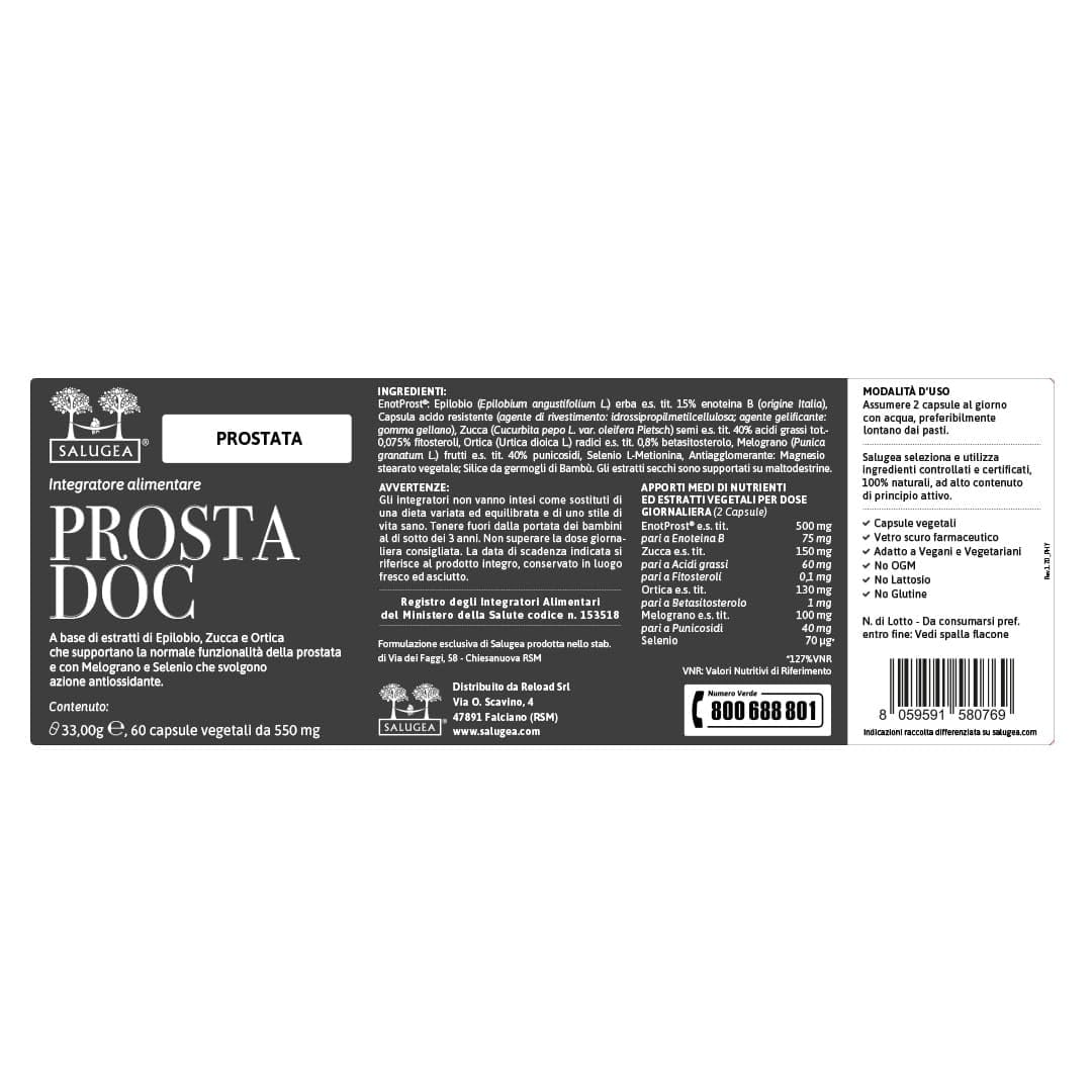 PROSTADOC Salugea - Integratore 100% naturale per il Benessere della prostata - con EnotProst®, Zucca, Ortica, Melograno e Selenio - 60 Capsule in Flacone di vetro scuro farmaceutico