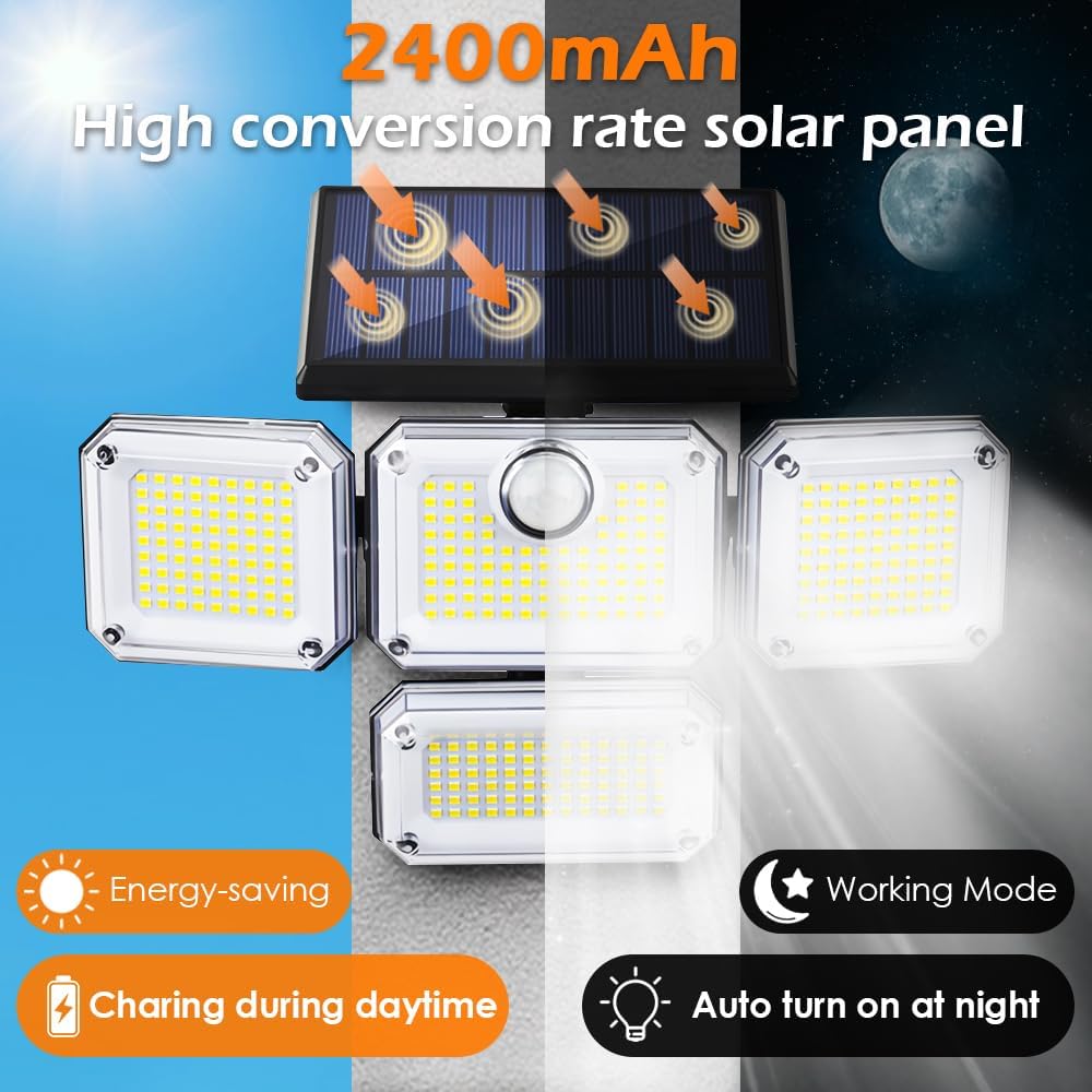 Solar Outdoor Lights with Motion Sensor, 333 LEDs Wide Angle Solar Lights,1200LM 3 Modes Solar Lights 270°,7700K Daylight White Remote Control IP65 Waterproof Wall Light for Garage, Yard