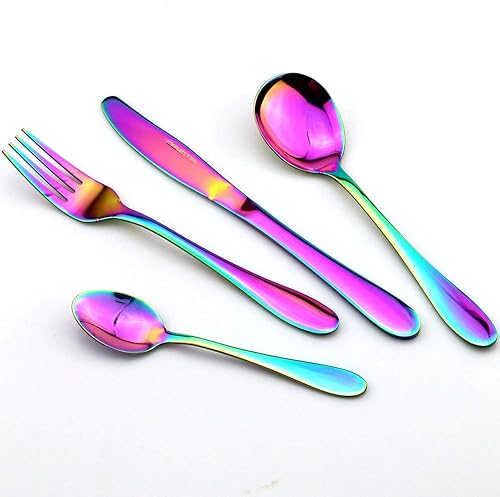 Miniatura 5 de JASHII Juego de 4 cubiertos de acero inoxidable 1810, juego de vajilla de cubertería, incluye cuchillo, tenedor, cuchara (pulido de espejo morado)