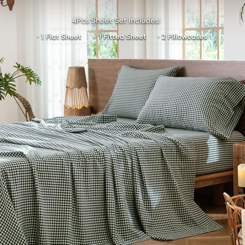 Image of MooMee Gingham Sheet Set 100% Washed Cotton Linen Like Textured Breathable Soft w /Fully Elasticized 16-19 inch Deep Pocket (Mini Gingham Forest Green, Queen)