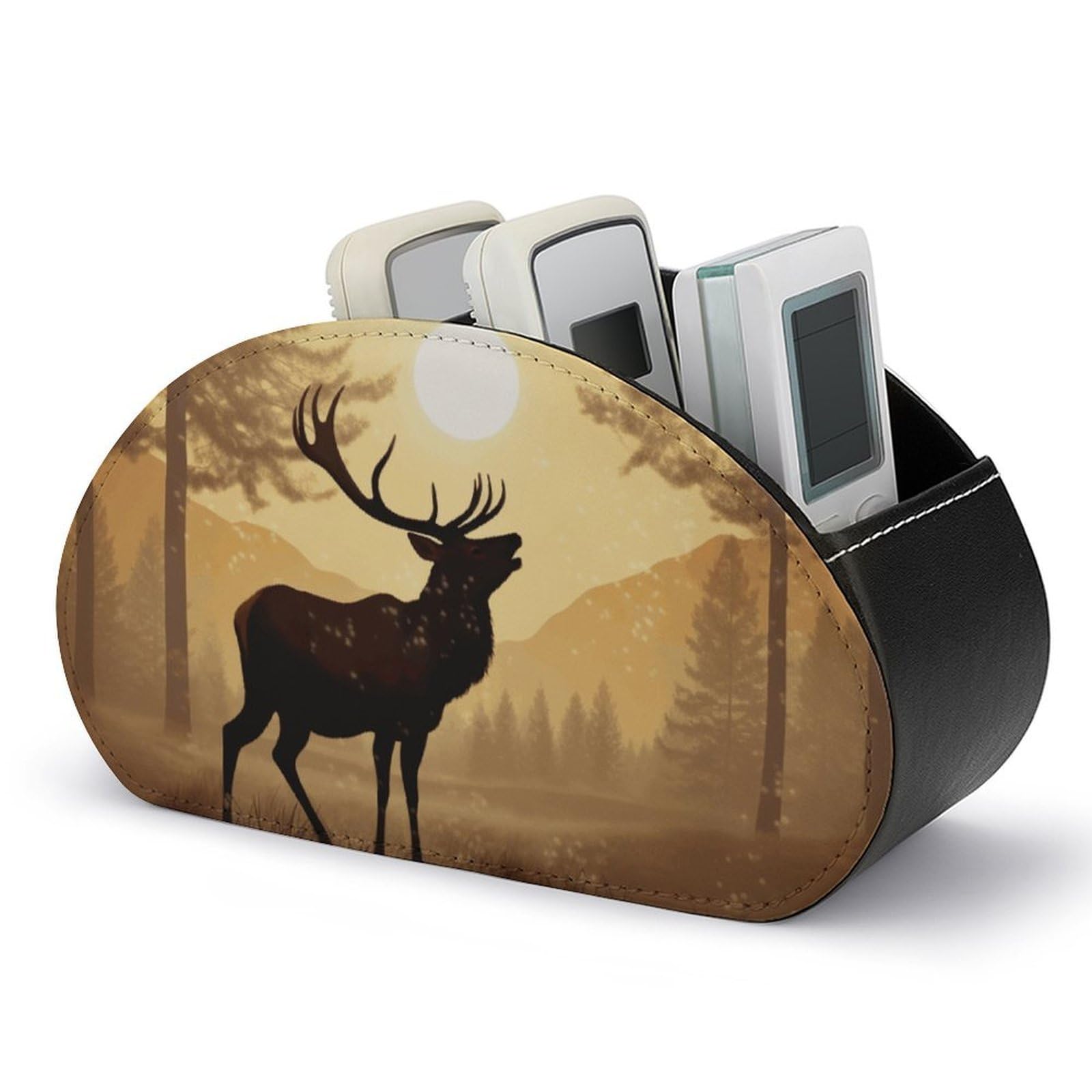VstaDank Elk Artwork Remote Control Holder with 5 Compartments PU Leather Remote Caddy Desktop Organizer Store TV Remote Control Storage Box for Home Office Desk Nightstand