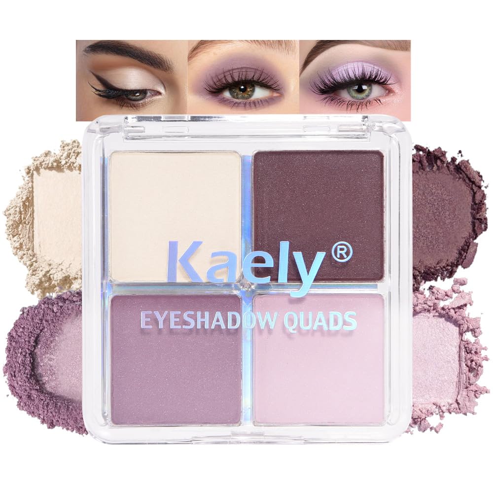 Kaely Powder Eyeshadow Quad, Light Violet Shimmer Eyeshadow Palette Makeup, Neutral Eye Shadow Palette for Older Women Pigmented Waterproof, sombras