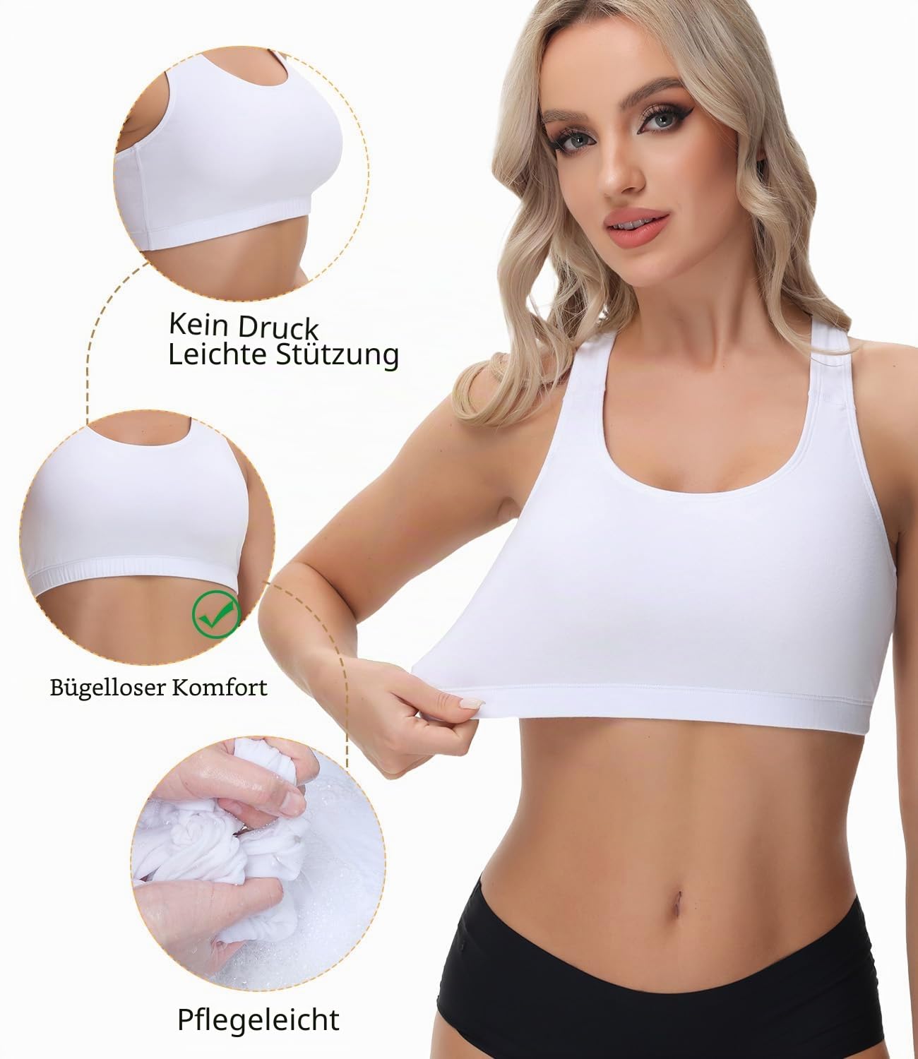 wirarpa Bustier Damen Baumwolle Ohne Bügel T-Rücken Bra Ohne Gepolstert Top Leichte Stützung 3er Pack