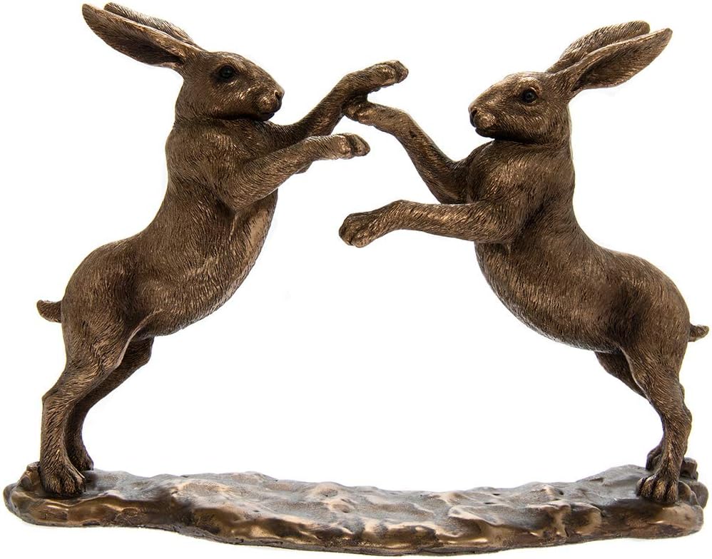 Bronze effect boxing fighting Hares ornament H15cm