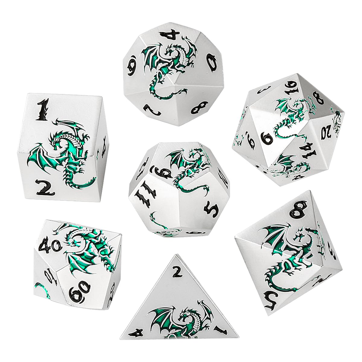 Metal Dice Set, Flat Face White Green Dragon Pattern, 7pcs Polyhedral Metal DND Dice Set, DND Starter Set - Image 2