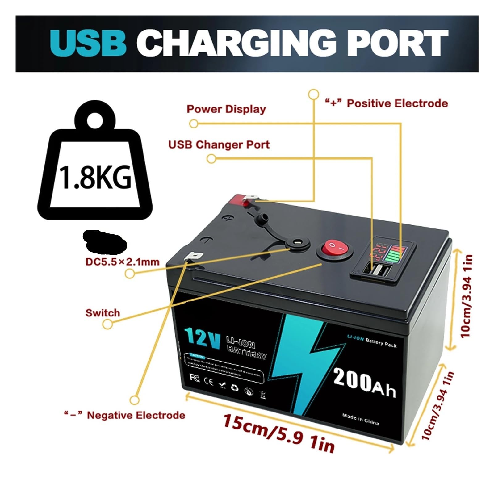 Batteria al litio 12v 200AH LiFePO4 Batteria con BMS intelligente, ideale for energia solare, camper, accumulo di energia domestica marina e off-grid(12v 200Ah-charger)