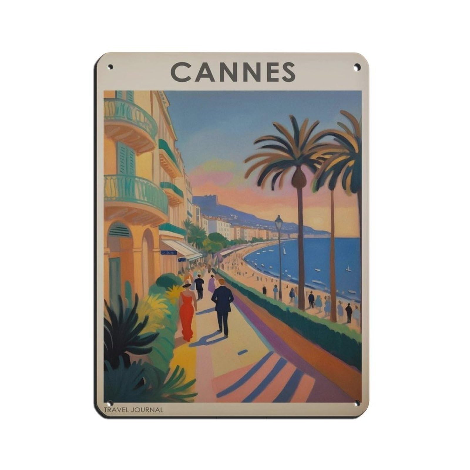 Cannes Travel, Vintage France Travel Art Tin Sign Vintage Metal Pub Club Cafe Bar Home Wall Art Decoration Poster Retro 12x16inch(30x40cm)