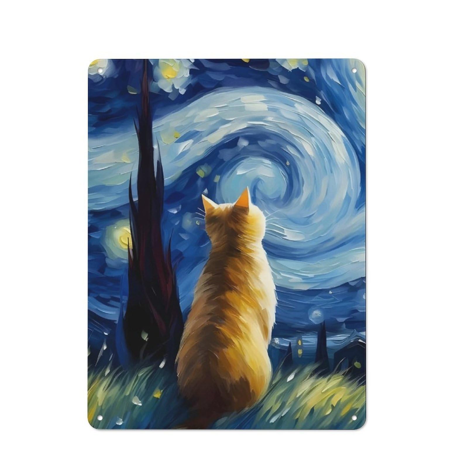 Junmoney Cat Under Starry Night Rustic Tin Wall Plaque 40X30cm For Garage Or Workshop, For Home Interiors, Feature Walls And Decorative Displays