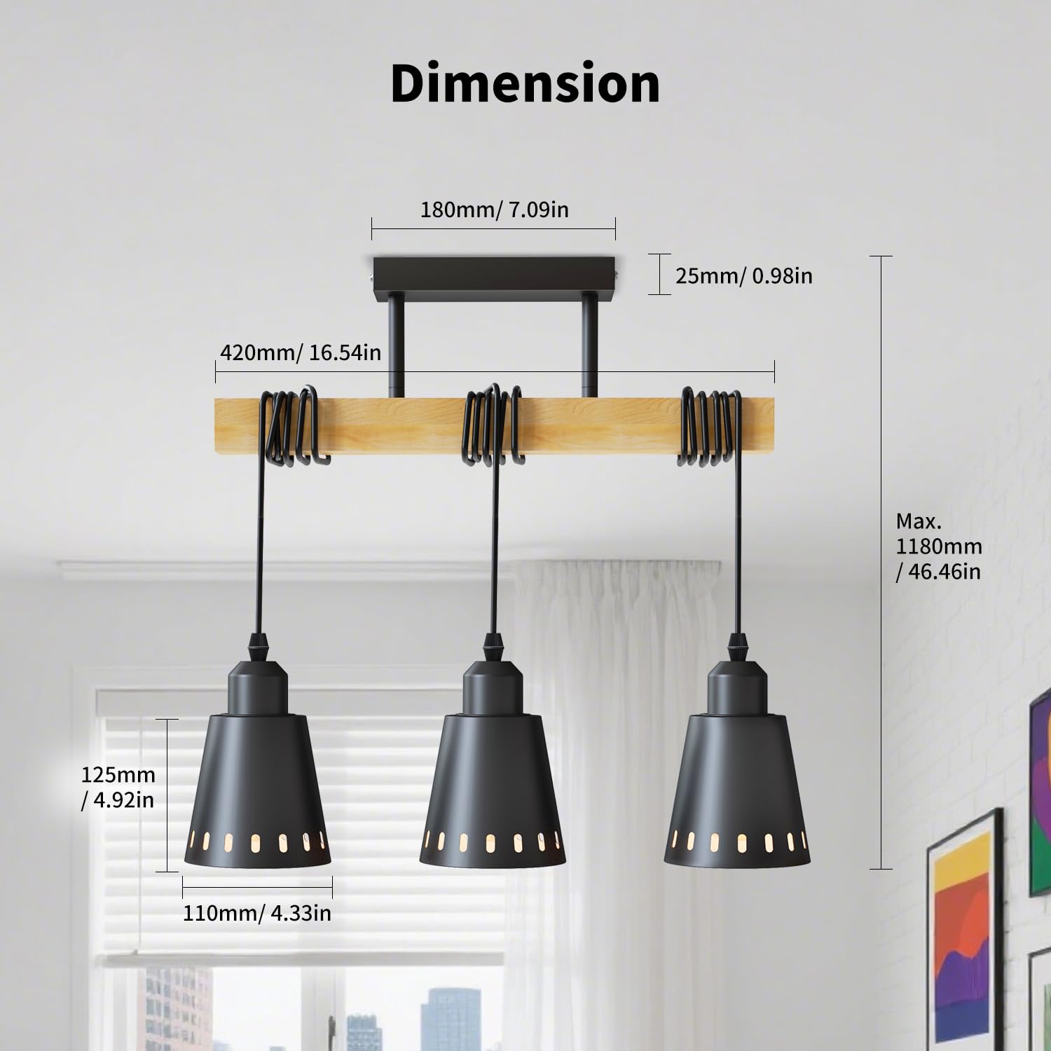 LVWIT Lampadario Soffitto Nero, Lampada Sospensione Cucina con 3 Luci, Lampadari Rustici E27, Base di Legno, Lampadari Pendente per Cameretta, Sala da Pranzo,Soggiorno (Senza Lampadina)