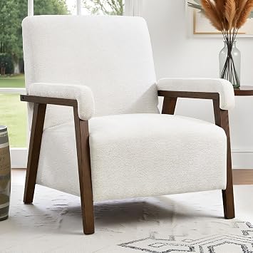 IOMOR Mid Century Modern Accent Chair, Upholstered Armchair with Thick Seat Cushion and Solid Wood Frame, Thick and Comfy Seat Cushion, Short Plush Fabric Arm Chair for Living Room1,White