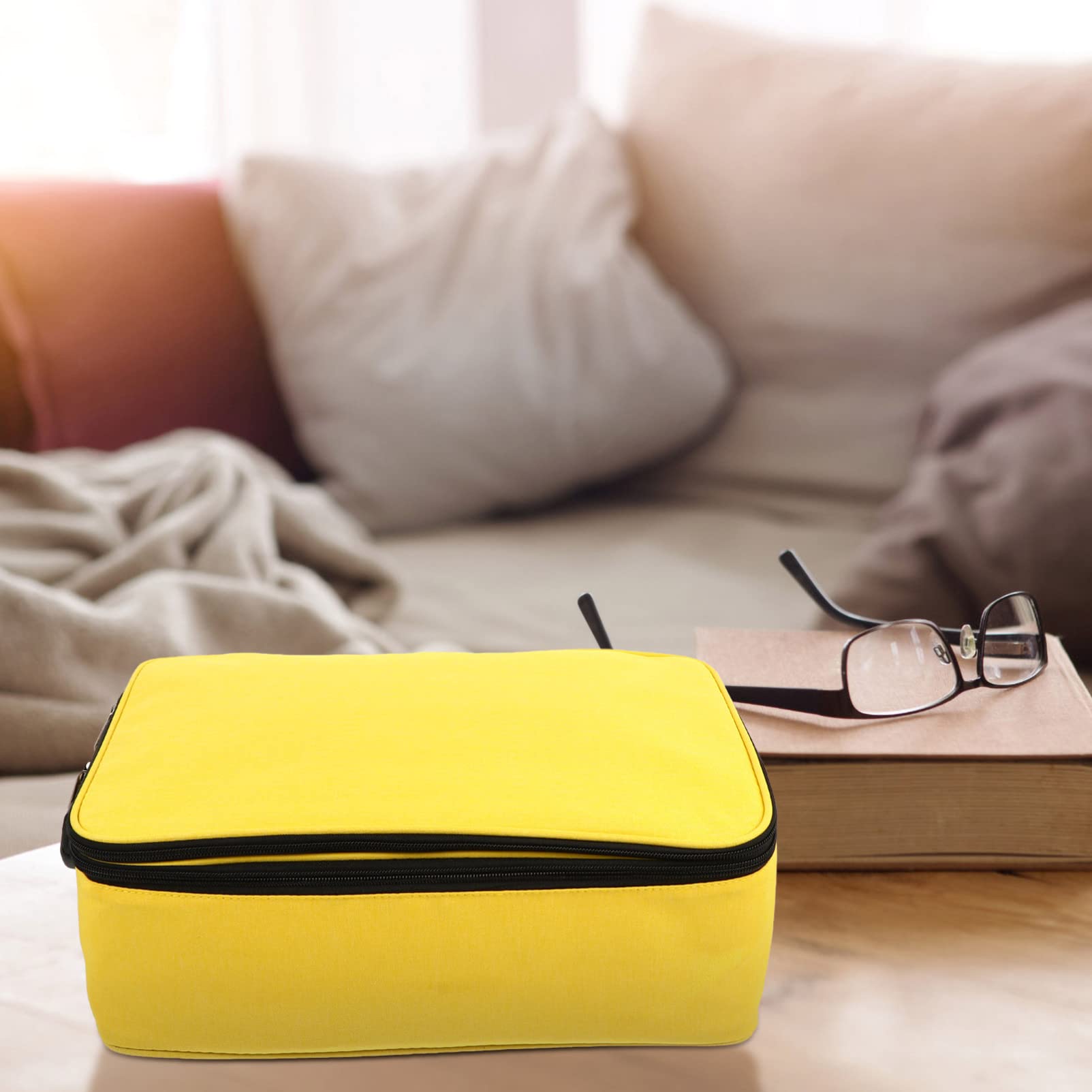 Healvian Pouch Documenti Capiente Multifunzione con Doppia Zip e Lucchetto | Tessuto Cationico Giallo, Tasche Multiple Ordinate, Facile da Sollevare per Viaggio e Carte